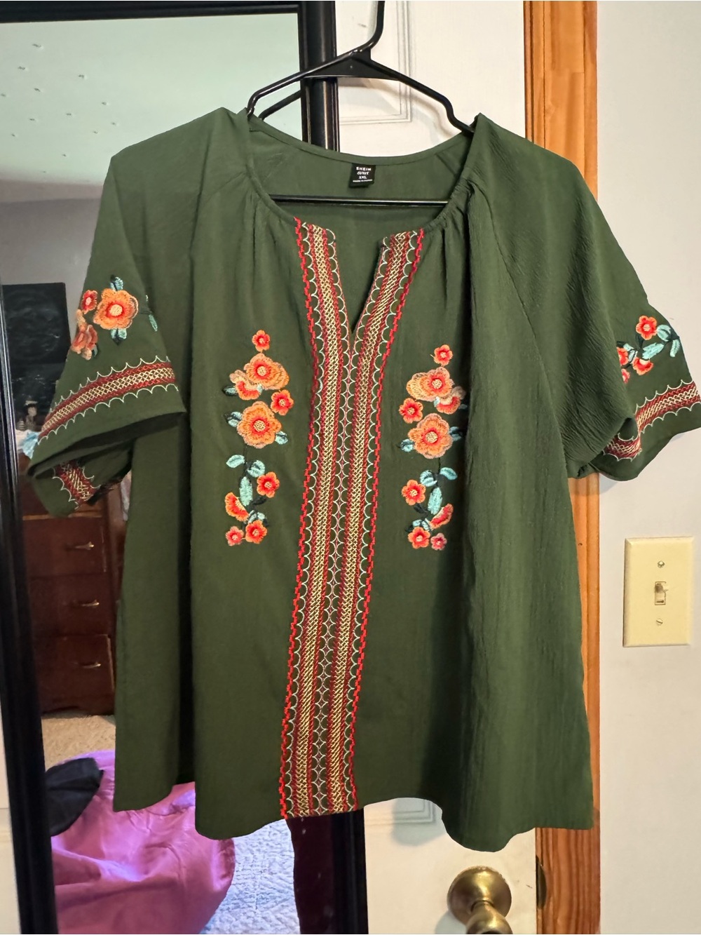 SHEIN Olive Green Embroidered Boho Tunic with Red & Orange Floral Accents